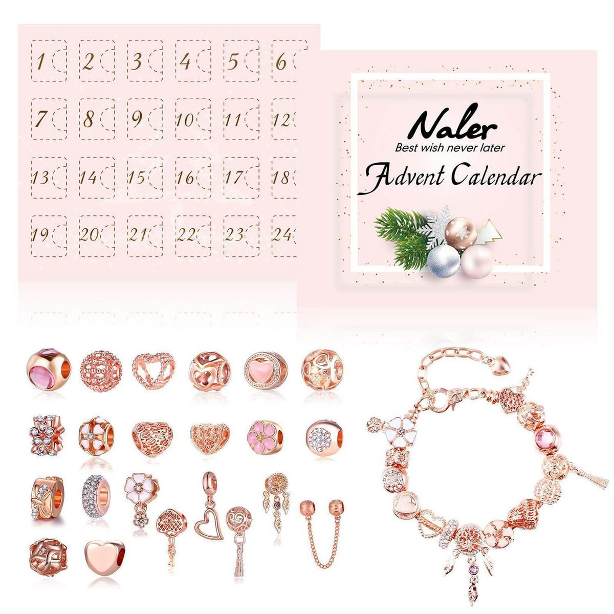 Adventskalender Schmuck Charms Roségold – 24teilig mit Ketten