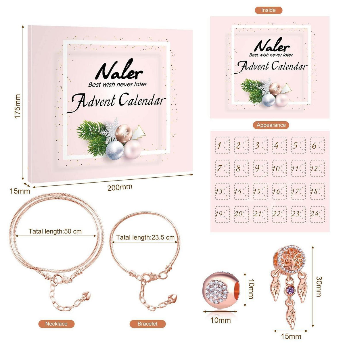 Adventskalender Schmuck Charms Roségold – 24teilig mit Ketten