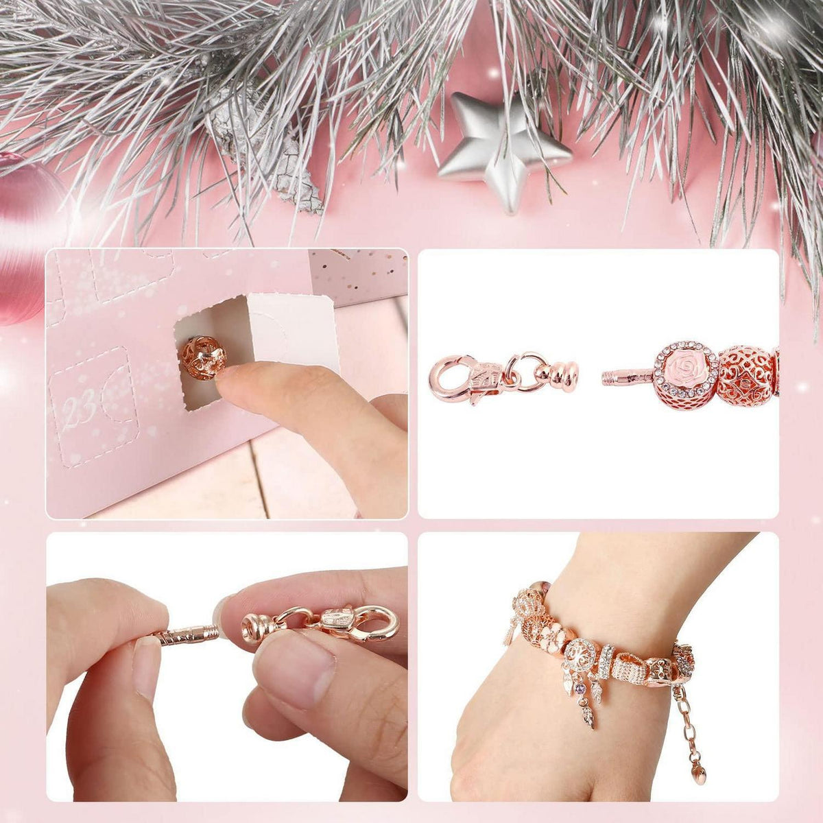 Adventskalender Schmuck Charms Roségold – 24teilig mit Ketten