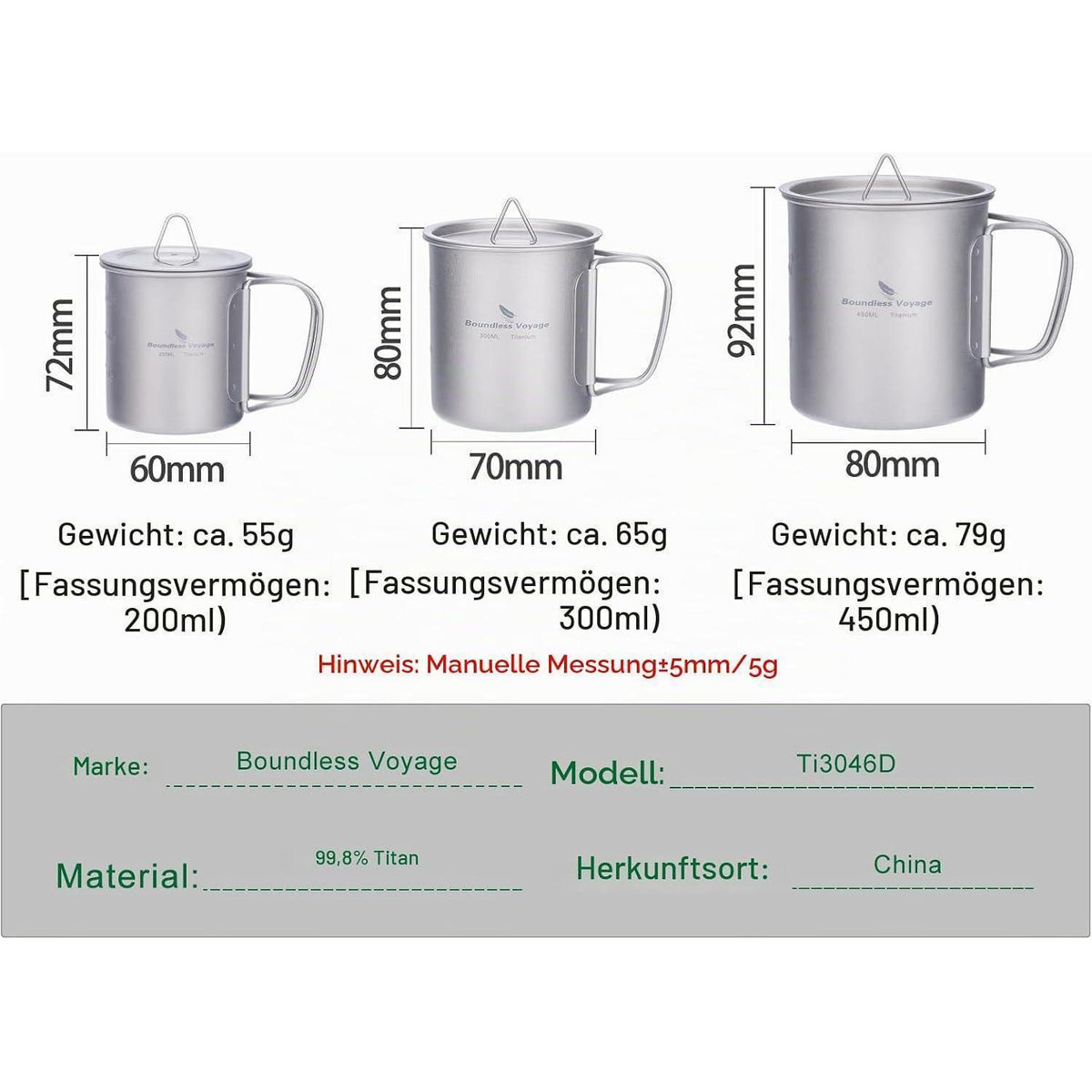 Titan Becher mit Deckel & Griff – Camping Tasse Outdoor 200ml-750ml