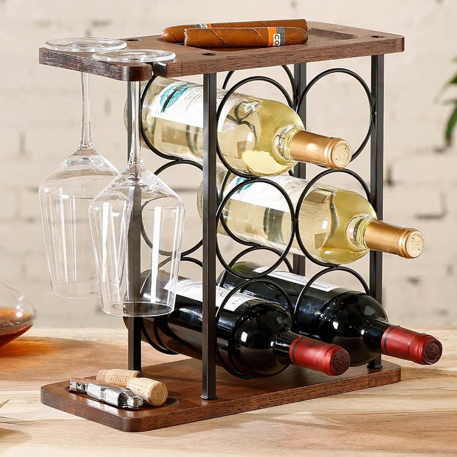 Weinregal mit Glashalter und Tablett aus Holz, freistehend