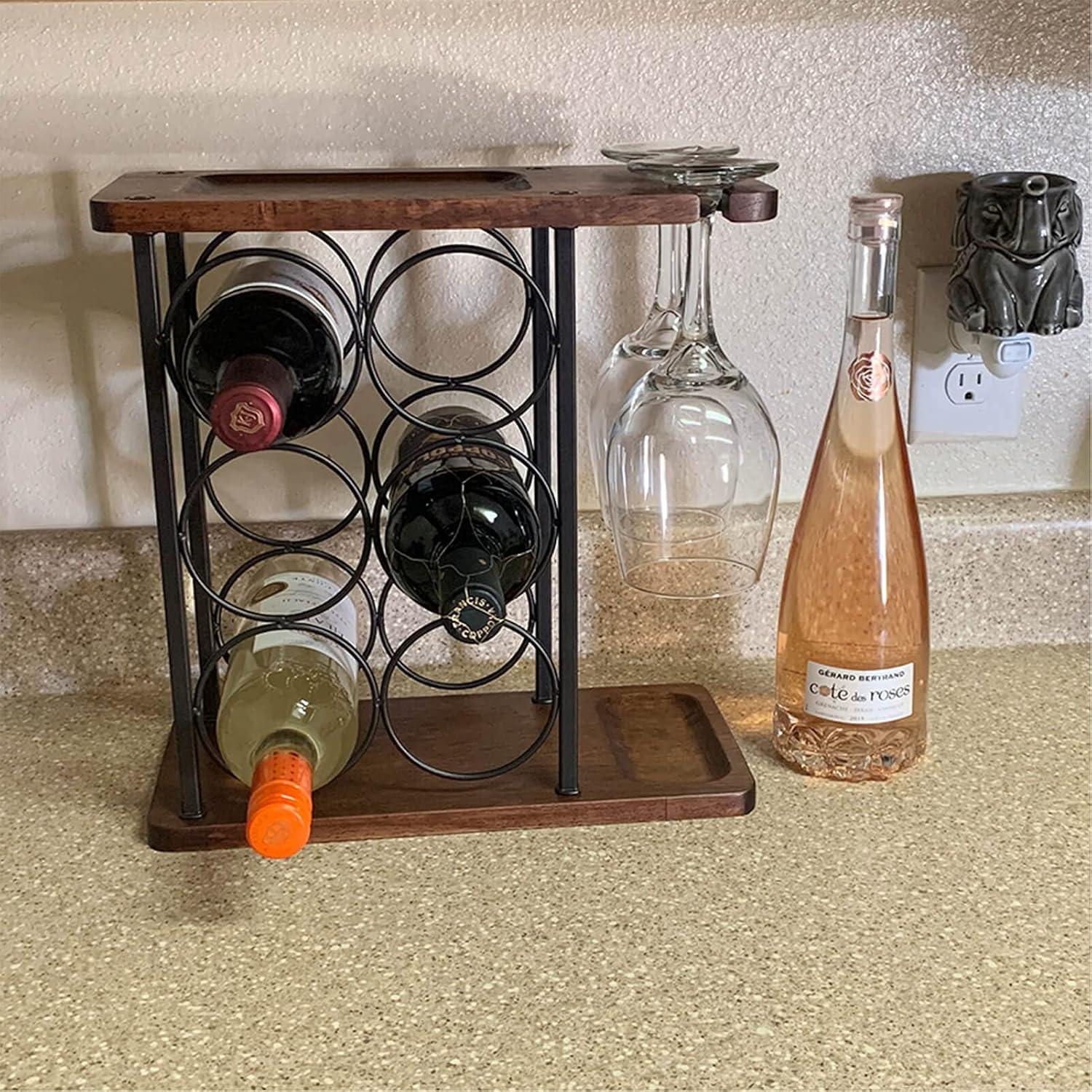 Weinregal mit Glashalter und Tablett aus Holz - Platz für 6 Flaschen und 2 Gläser