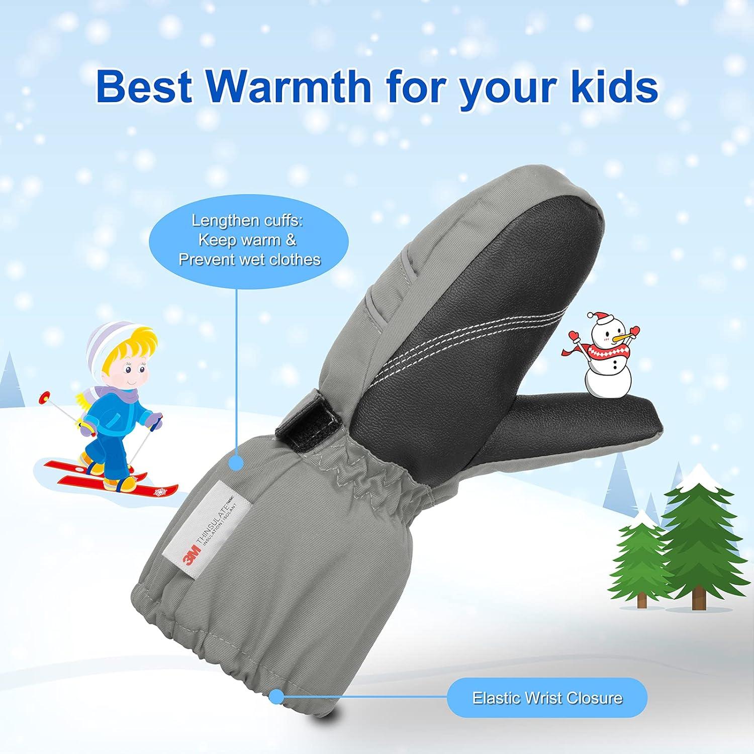 Kinder Skihandschuhe Fäustlinge wasserdicht und warm Grau 4-6 Jahre