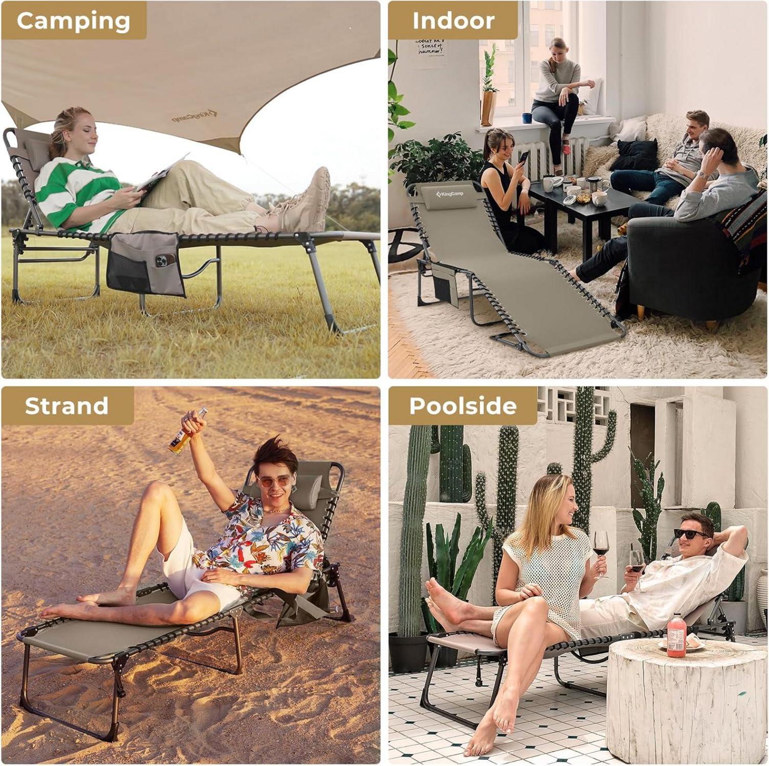 Campingliege KingCamp Sonnenliege Gartenliege mit verstellbarem Rückenteil und Kopfkissen