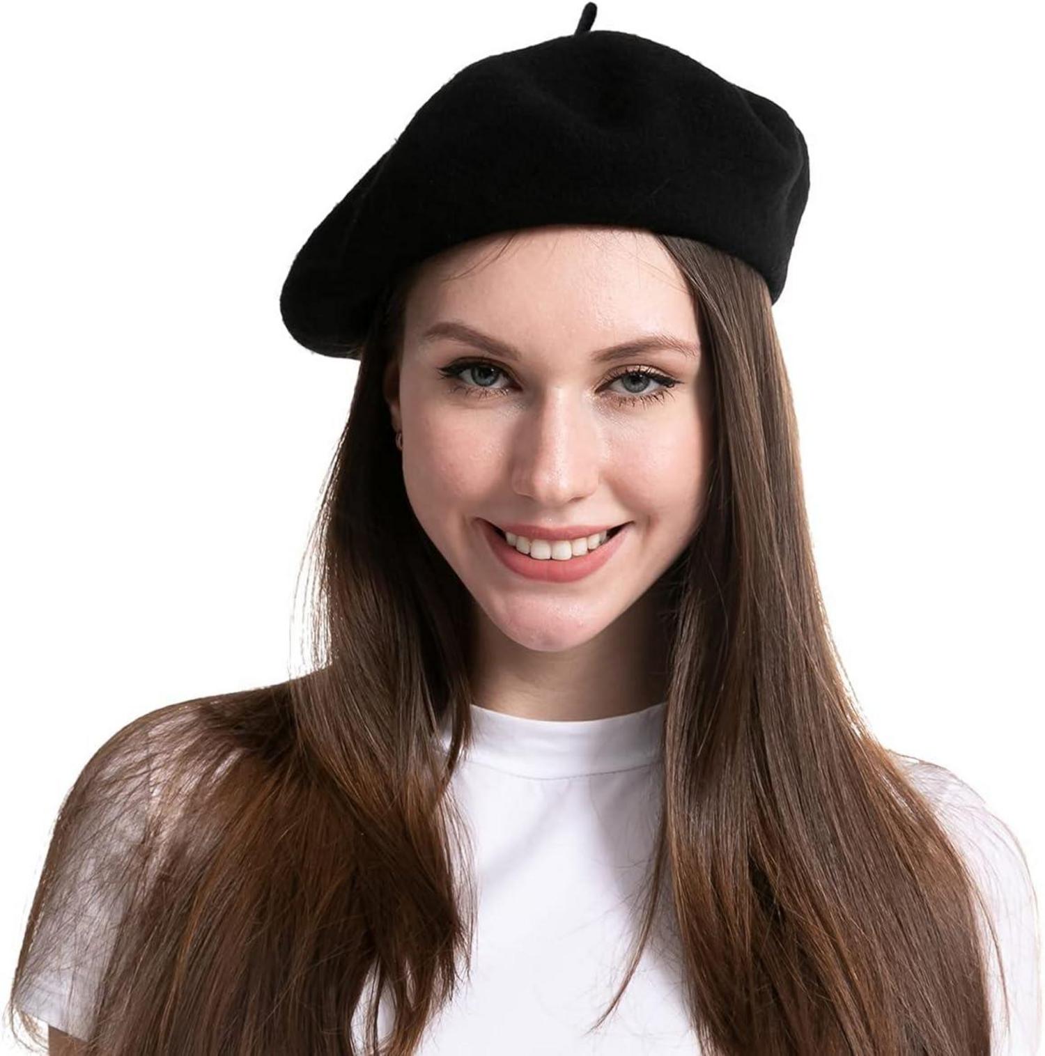 Schwarze französische Baskenmütze für Damen, Wollmütze - Halloween-Kostüm & Accessoire