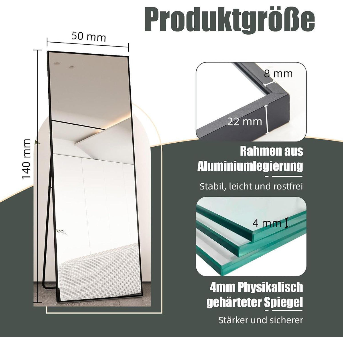 Standspiegel Schwarz Metallrahmen 140x50cm Ganzkörper
