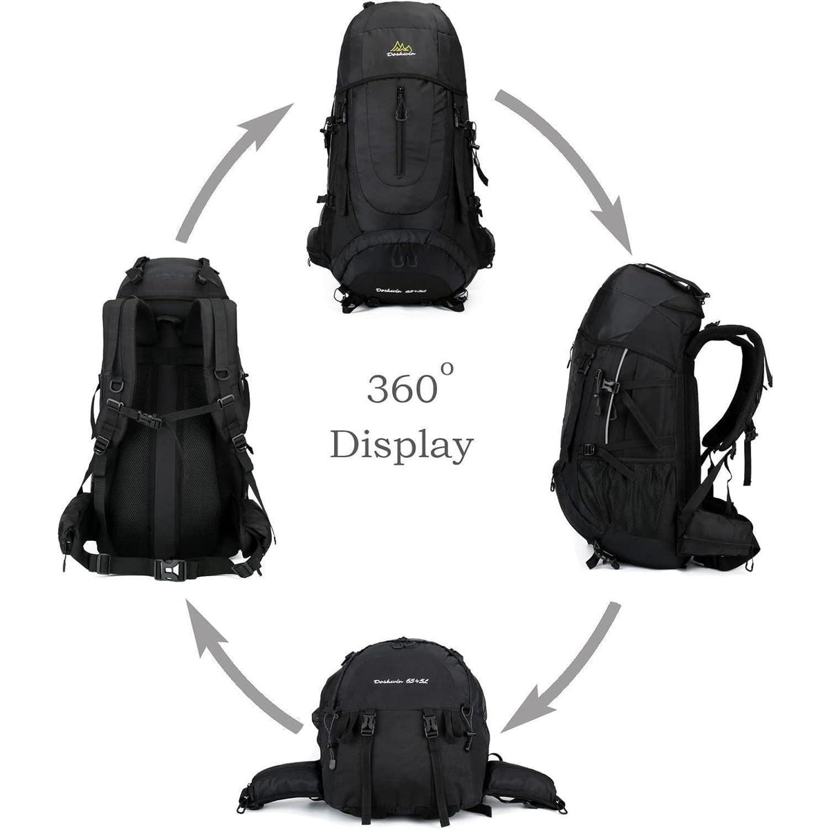70L Trekkingrucksack für Damen und Herren, Schwarz