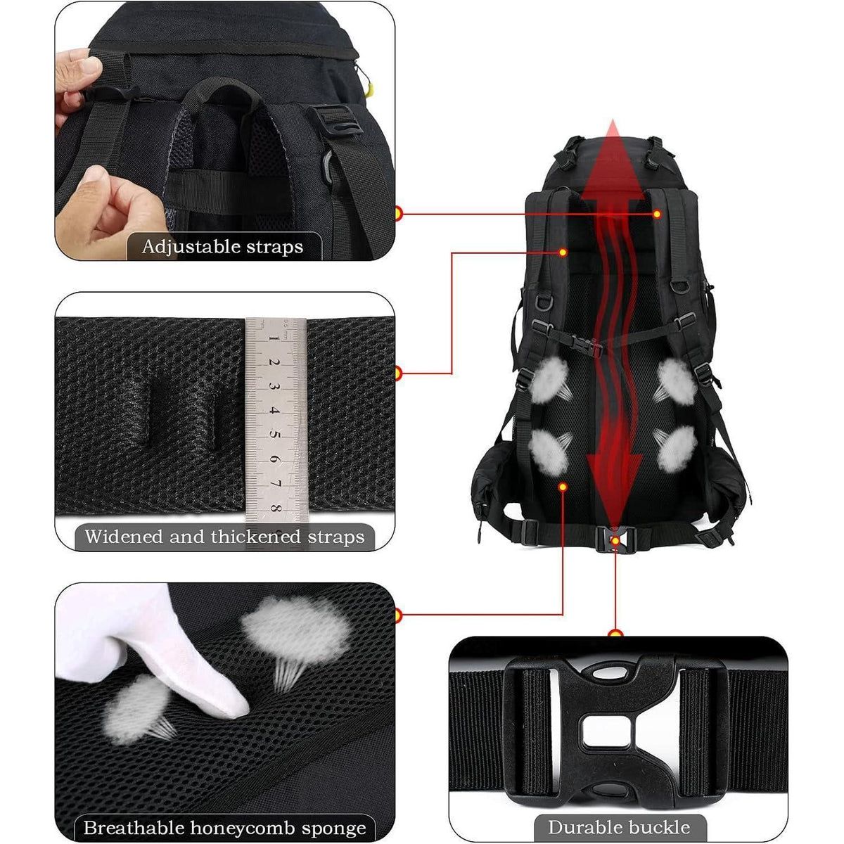 70L Trekkingrucksack für Damen und Herren, Schwarz
