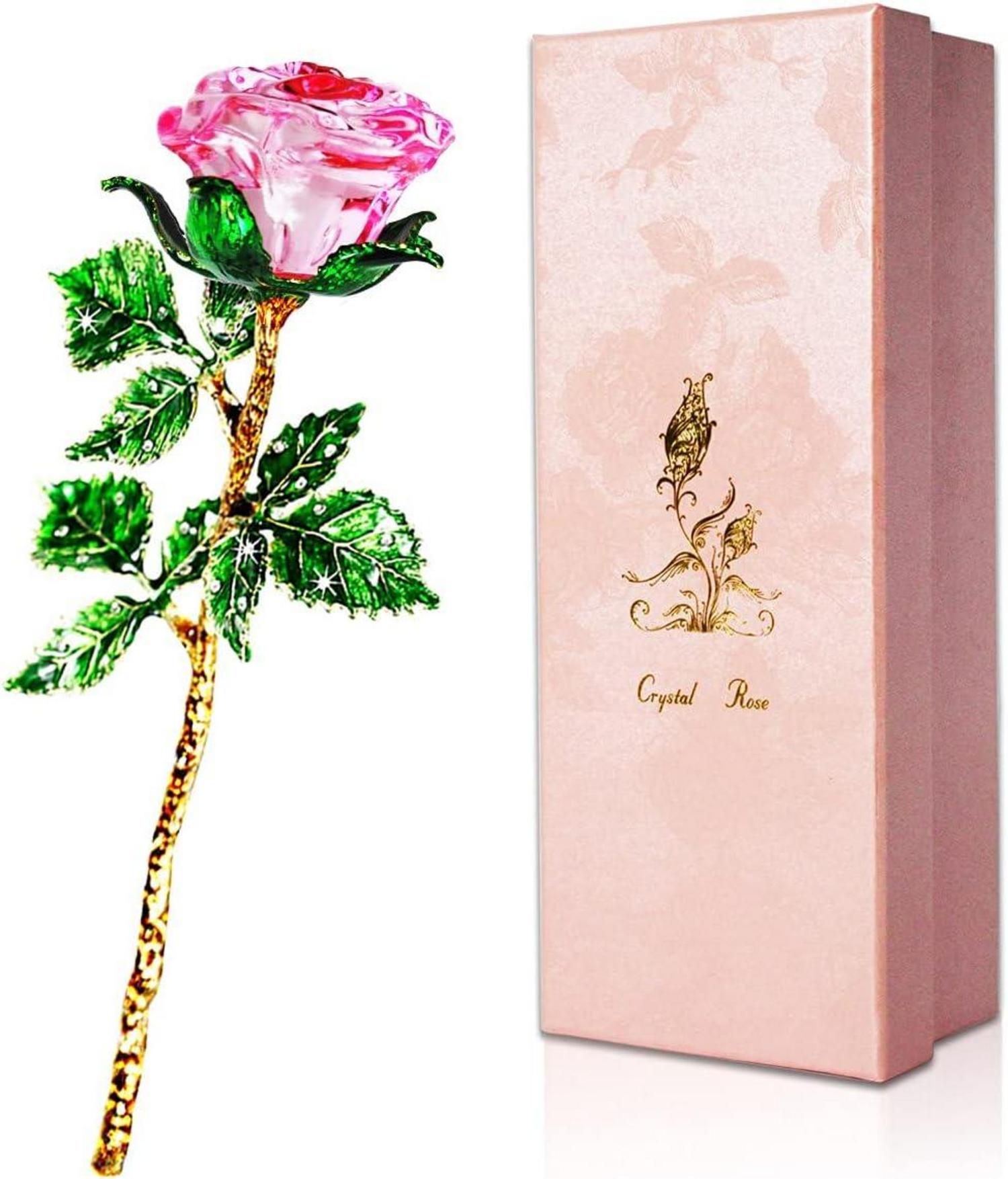Rosa Kristallrose mit Wunschkarte und Geschenkbox für Frauen