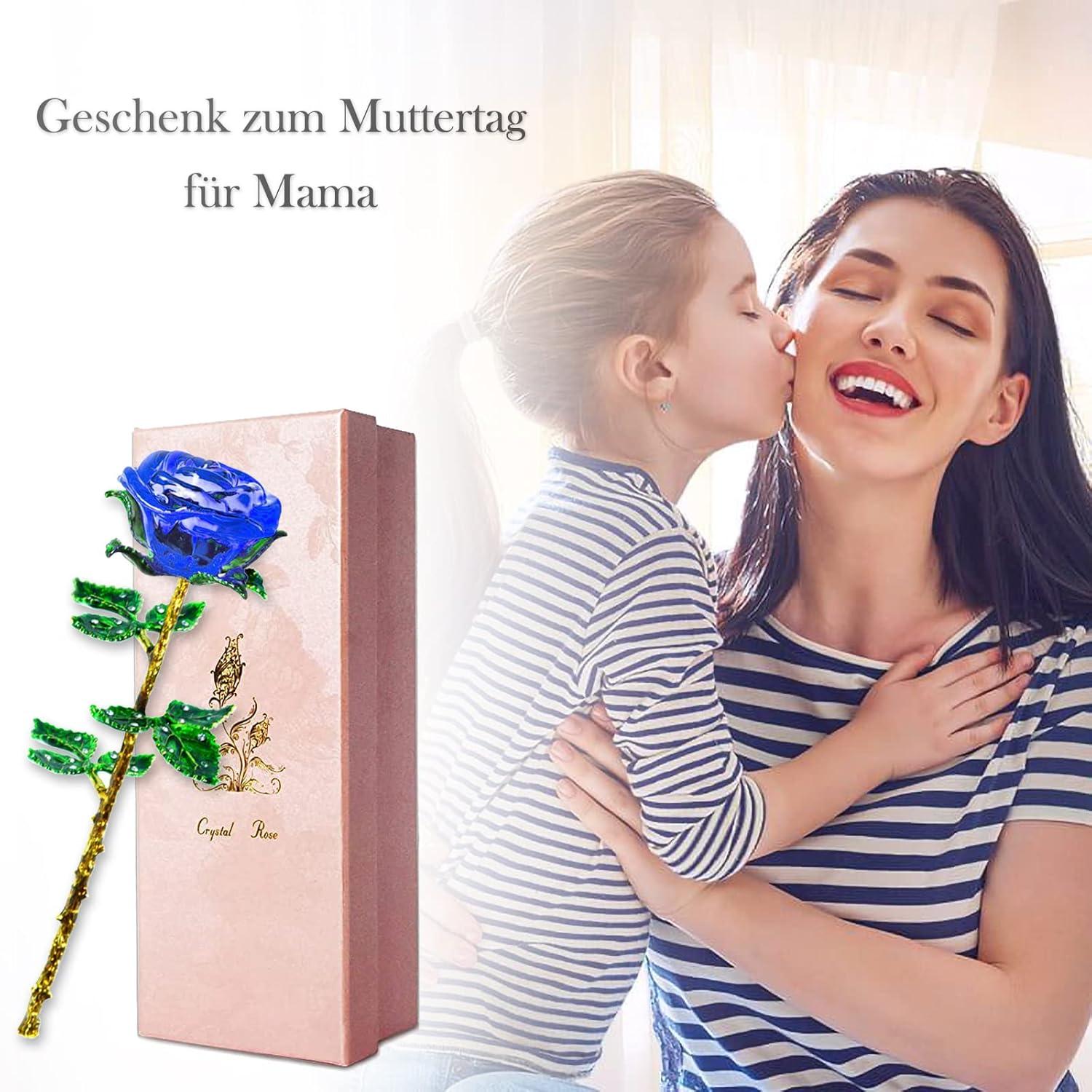 Blaue Kristallrose Geschenk K9 Rosenfigur Wunschkarte Ewige Blume