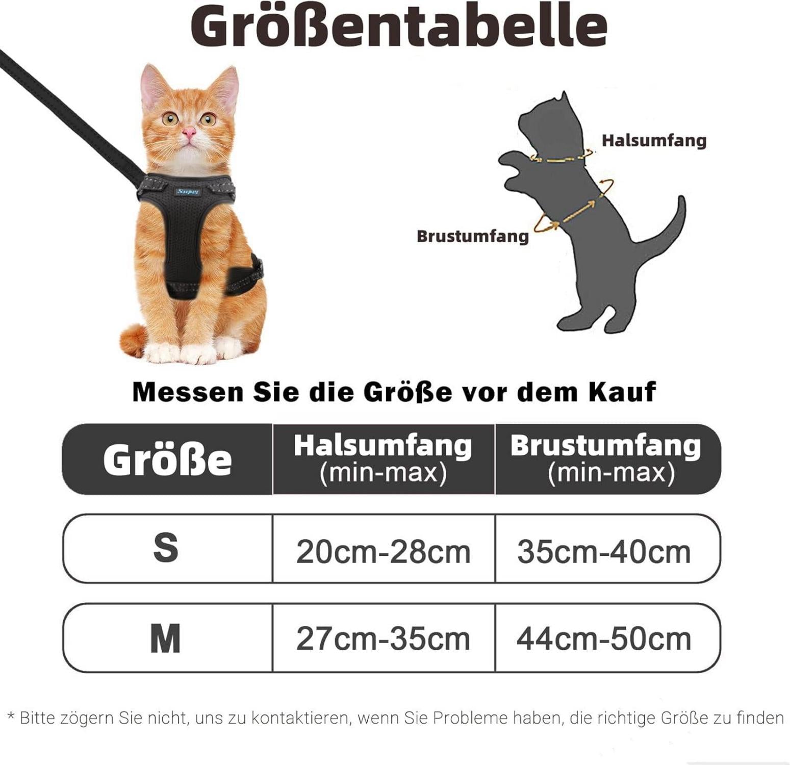 Katzengeschirr mit Leine Set Fluchtsicher Verstellbar Schwarz M 44.5-49.5 cm