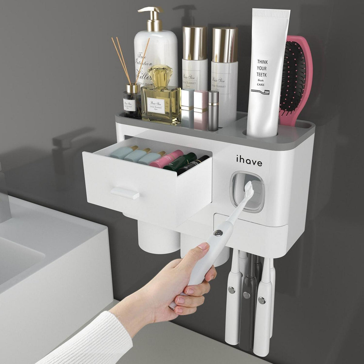 Zahnbürstenhalter Wand mit Spender & Schublade – Weiß