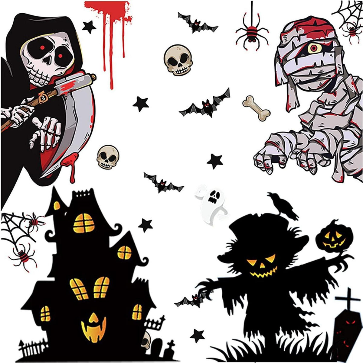 Halloween Fenster Aufkleber Dekoration Set 55stk - Wasserdichtes Selbstklebendes PVC - Große Halloween Stickers