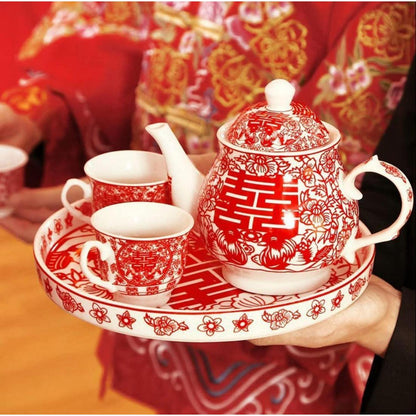 Chinesisches Tee-Geschenkset mit Teekanne & 4 Tassen – Double Happiness