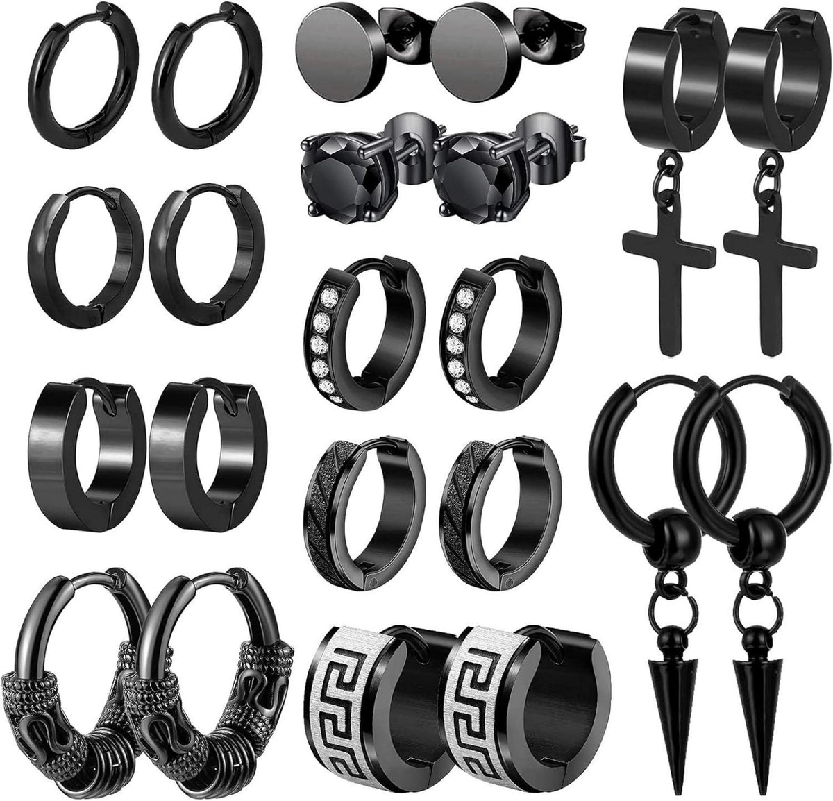 11er Set Edelstahl Ohrringe Ohrstecker Creolen Schwarz Unisex