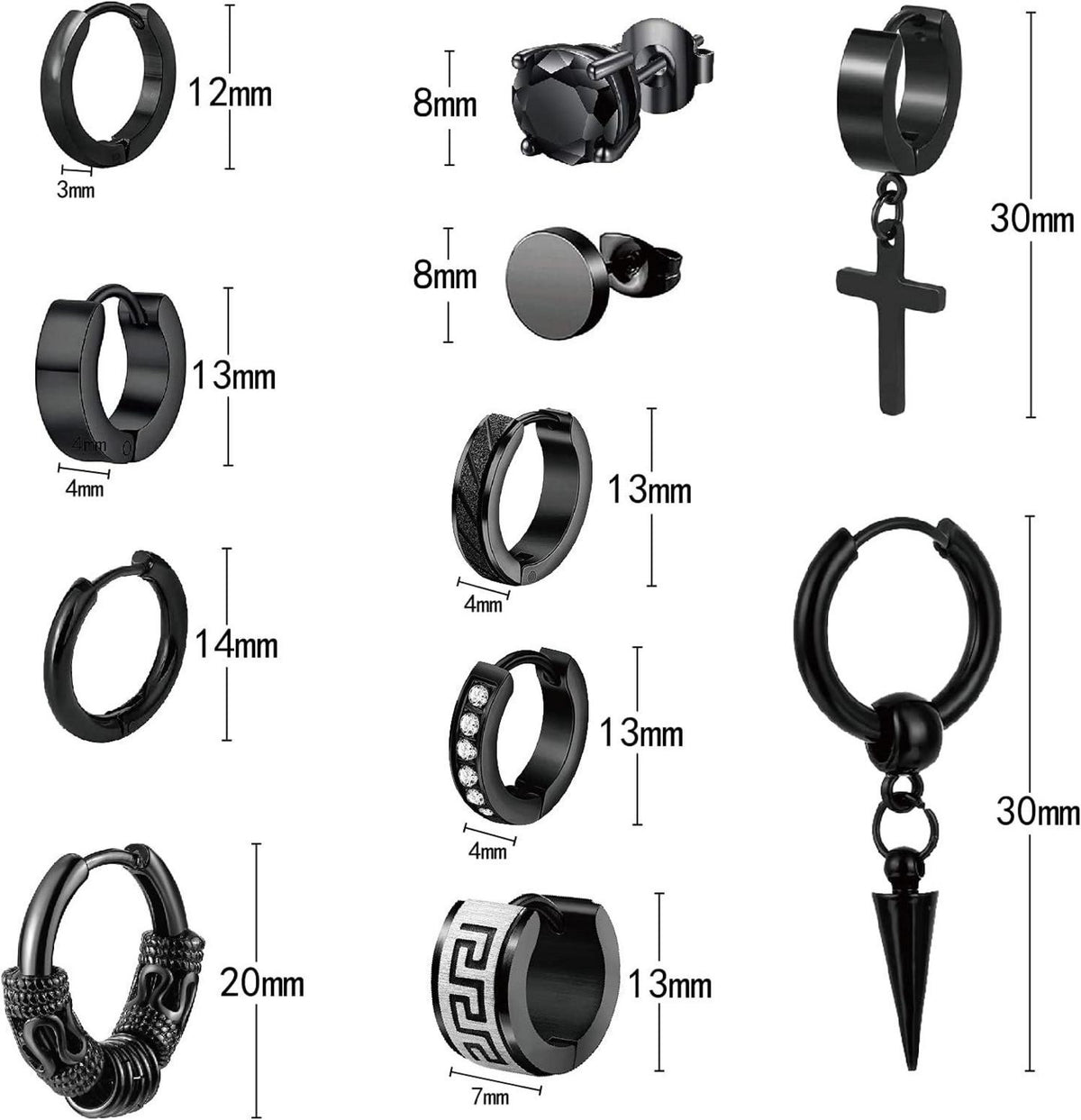 11 Paar Ohrringe Set Edelstahl - Creolen, Ohrstecker, Herren, Damen, Unisex