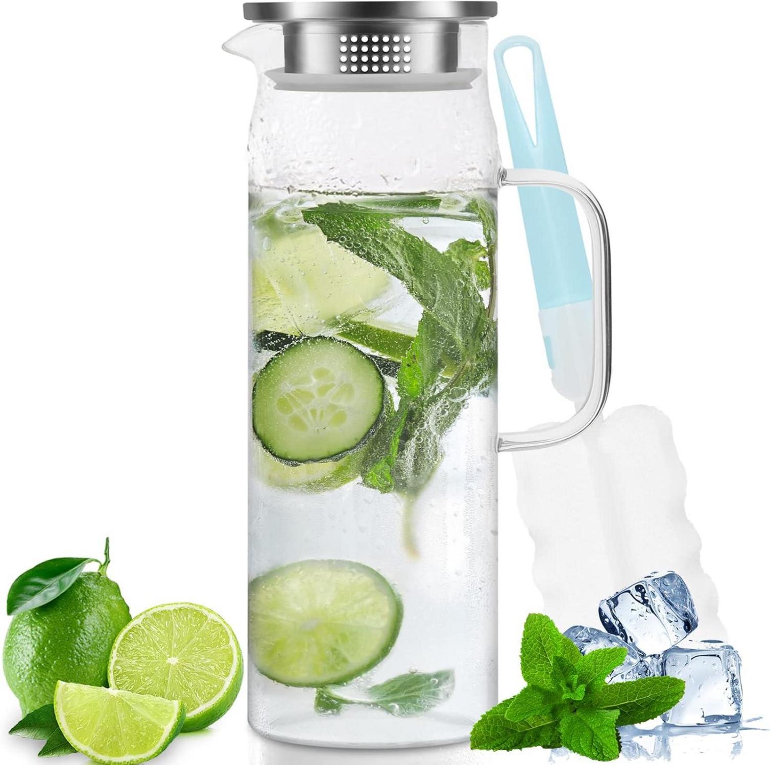 Miudeco 1,5 Liter Glaskaraffe mit Edelstahldeckel und Becherbürste