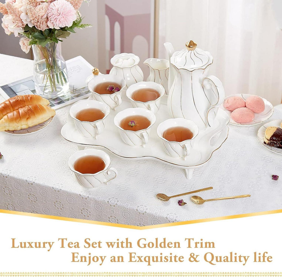 DUJUST 14 teiliges Porzellan Tee-Set mit Goldenem Rand