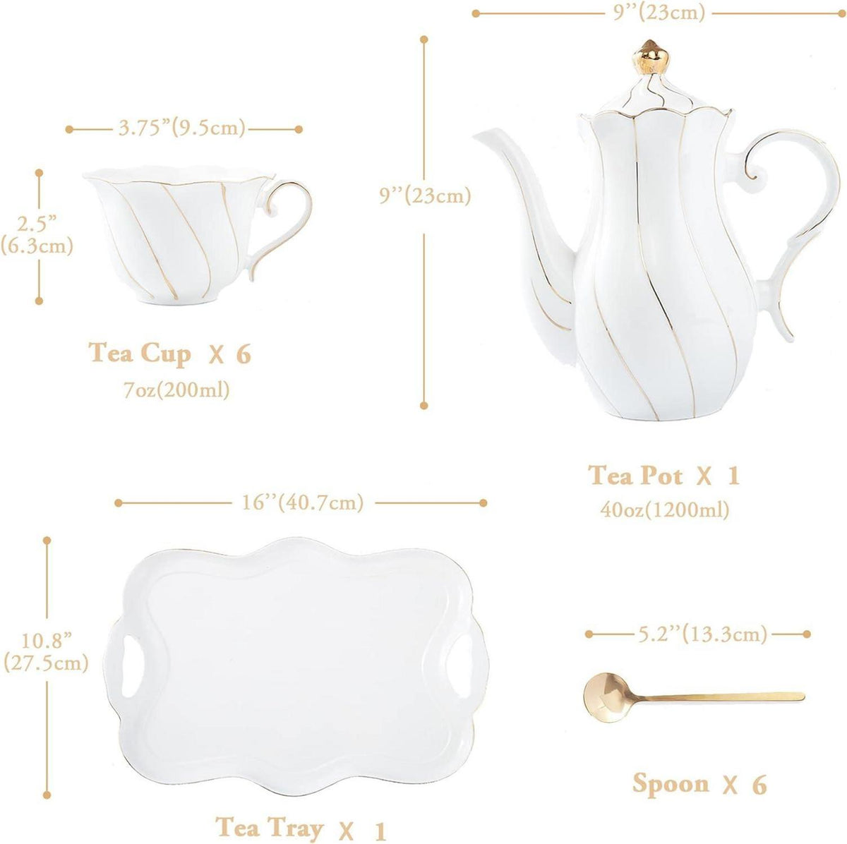 Luxuriöses 14-tlg. Teeservice Britischer Stil Goldenem Rand Porzellan-Tee-Set