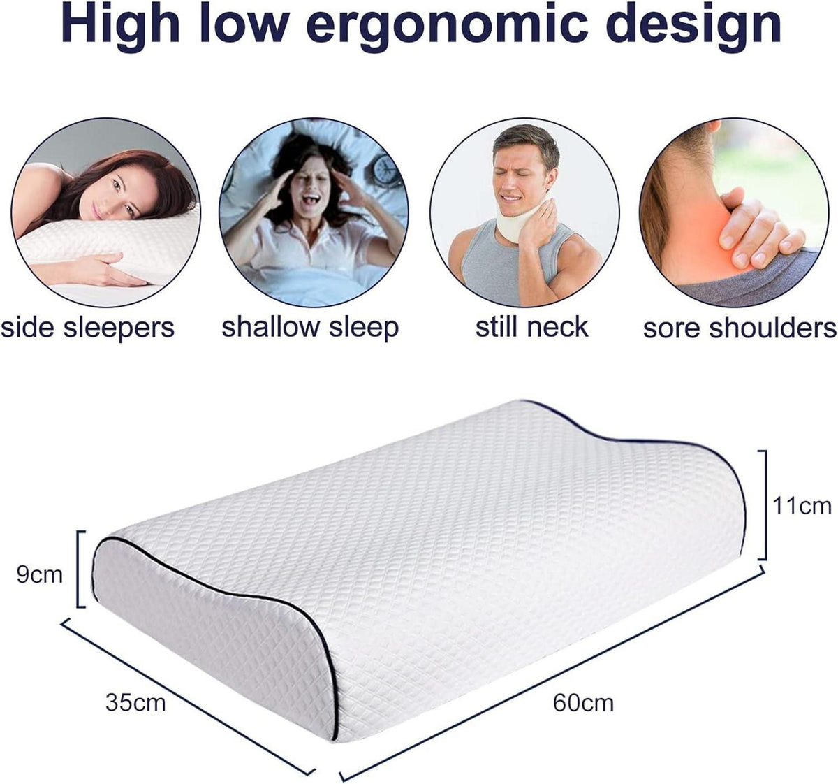 Ergonomisches Memory Foam Schlafkissen 60x35x9/11cm höhenverstellbar waschbar
