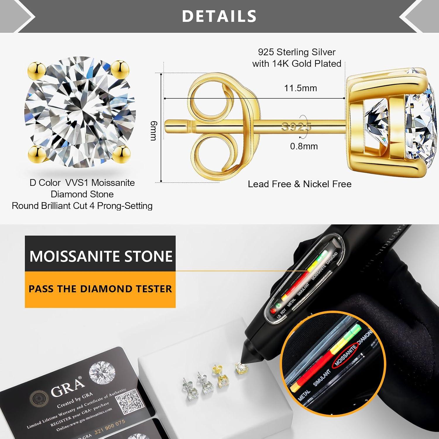 Moissanit Diamant Ohrstecker 925 Silber Damen VVS1 D 14K Gold 6,5mm