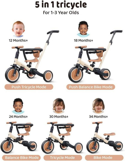 Kinderdreirad 5-in-1 Laufrad mit Schubstange und