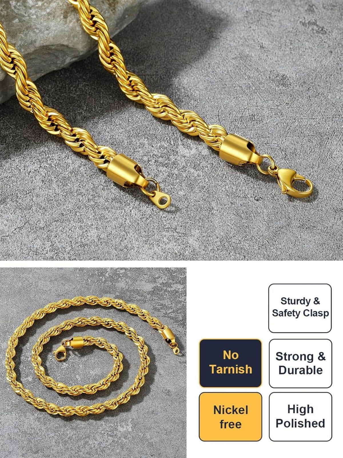 U7 Edelstahl vergoldete 9mm Kordelkette Hip-Hop Gold 46cm