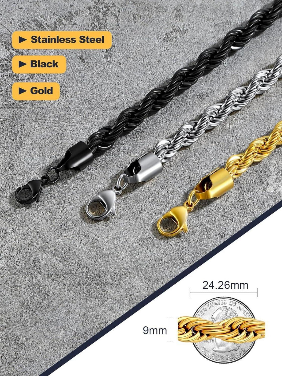 U7 Edelstahl vergoldete 9mm Kordelkette Hip-Hop Gold 46cm
