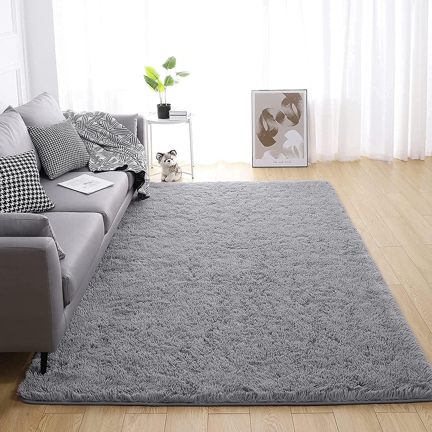 Flauschiger Grauer Teppich Langflor Hochflor Modern Waschbar 120x160cm