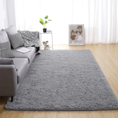 Flauschiger Grauer Teppich Langflor Hochflor Modern Waschbar 120x160cm