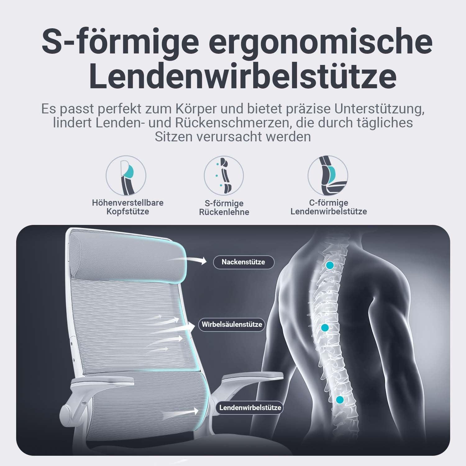Bürostuhl Ergonomisch Verstellbare Kopfstütze Mesh 200kg Grau