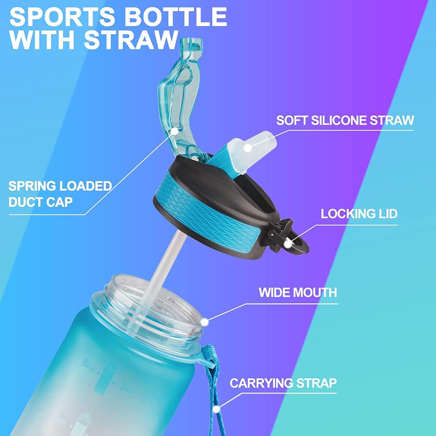 Sport-Wasserflasche mit Strohhalm und Zeitmarkierungen, auslaufsicher