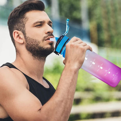 Sport-Wasserflasche 1L mit Strohhalm Zeitmarkierungen auslaufsicher Tritan