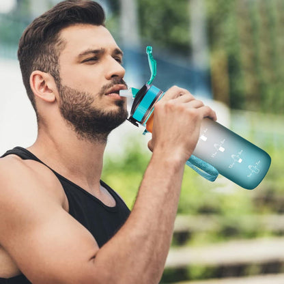 Sport-Wasserflasche 1L mit Strohhalm Zeitmarkierungen auslaufsicher BPA-frei