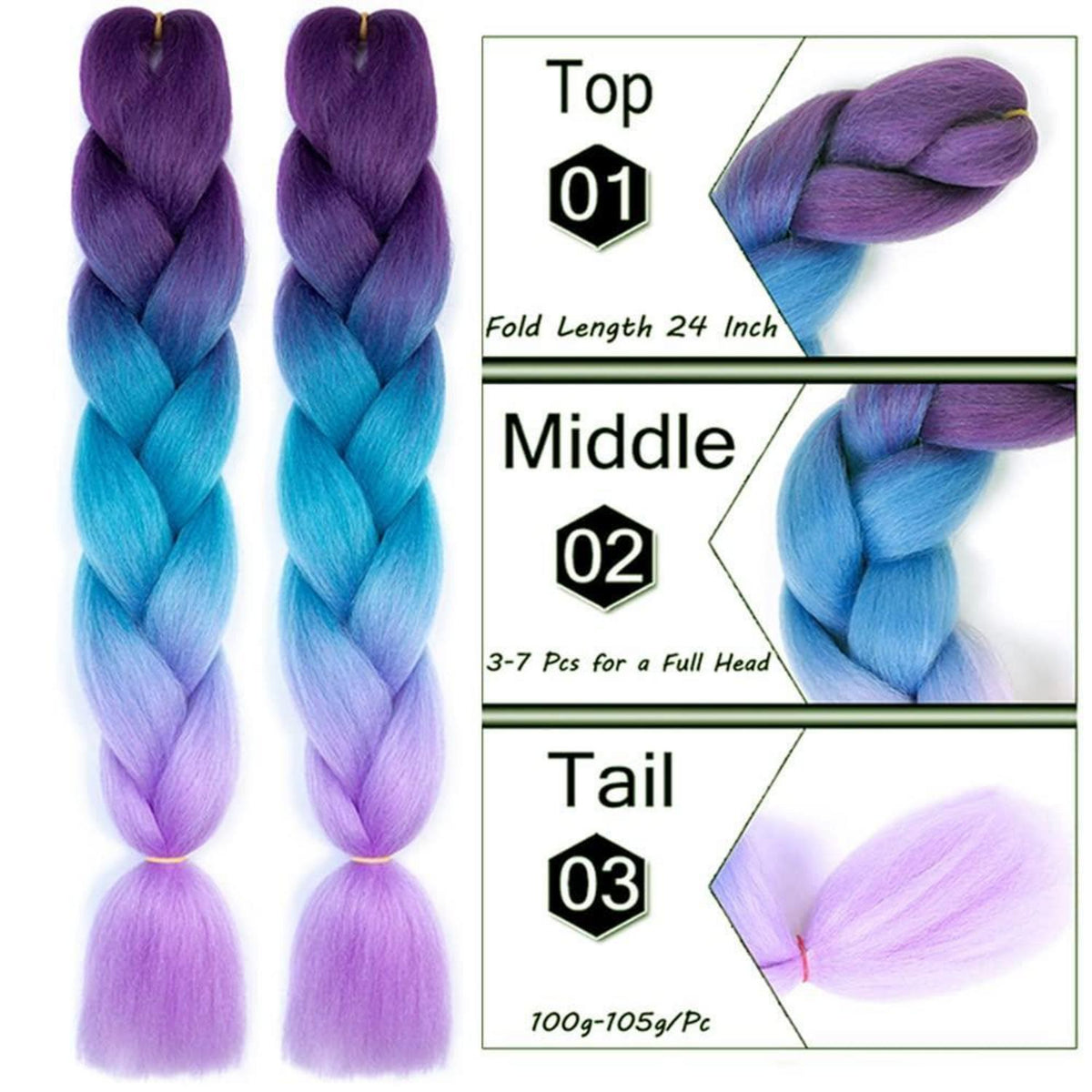 24 Zoll Ombre Jumbo Braid Haarverlängerung - Lila Blau Türkis