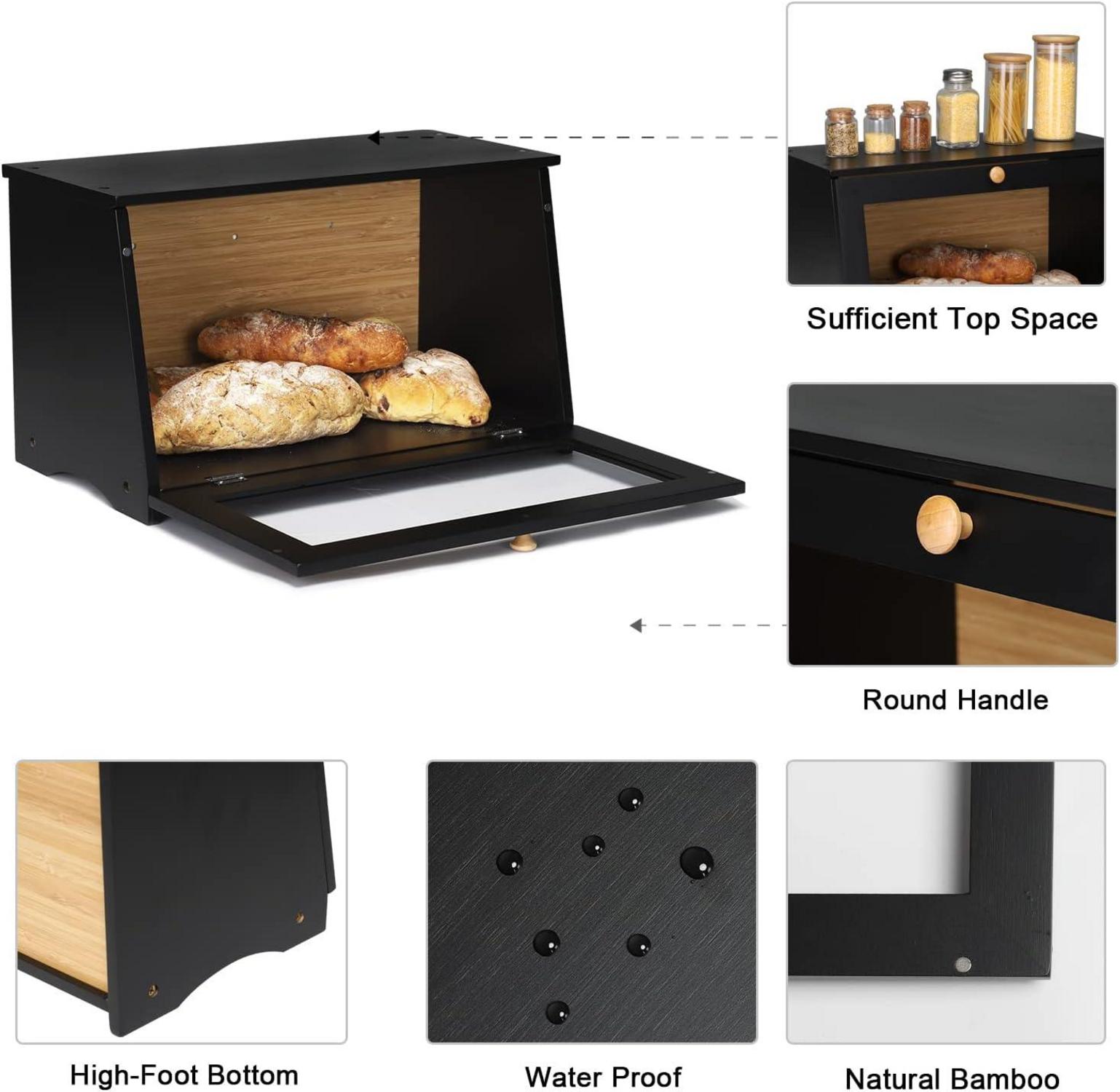 Bambus Brotkasten lebensmittelecht Brotaufbewahrung 39x21x23cm Schwarz