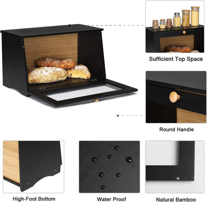 Bambus Brotkasten lebensmittelecht Brotaufbewahrung 39x21x23cm Schwarz