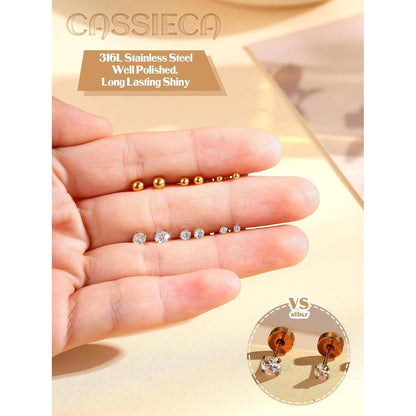 12 Paar Edelstahl Ohrstecker Set – Kleine CZ Kugeln für Damen & Herren