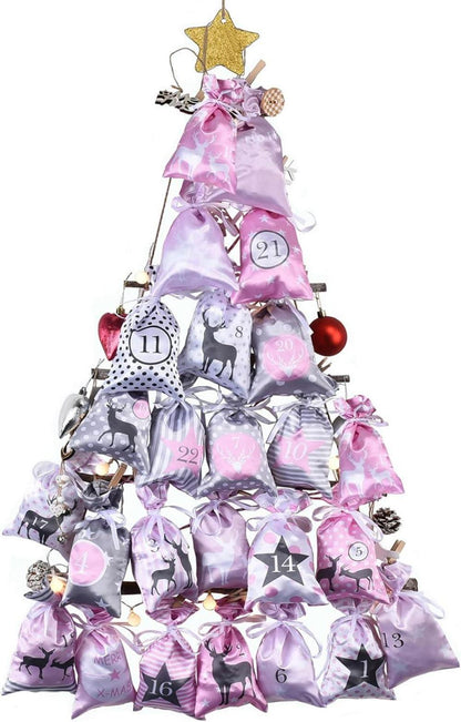 DIY Adventskalender zum Befüllen Weihnachtskalender Set Rosa Grau 24 Stoffsäckchen 12x20cm
