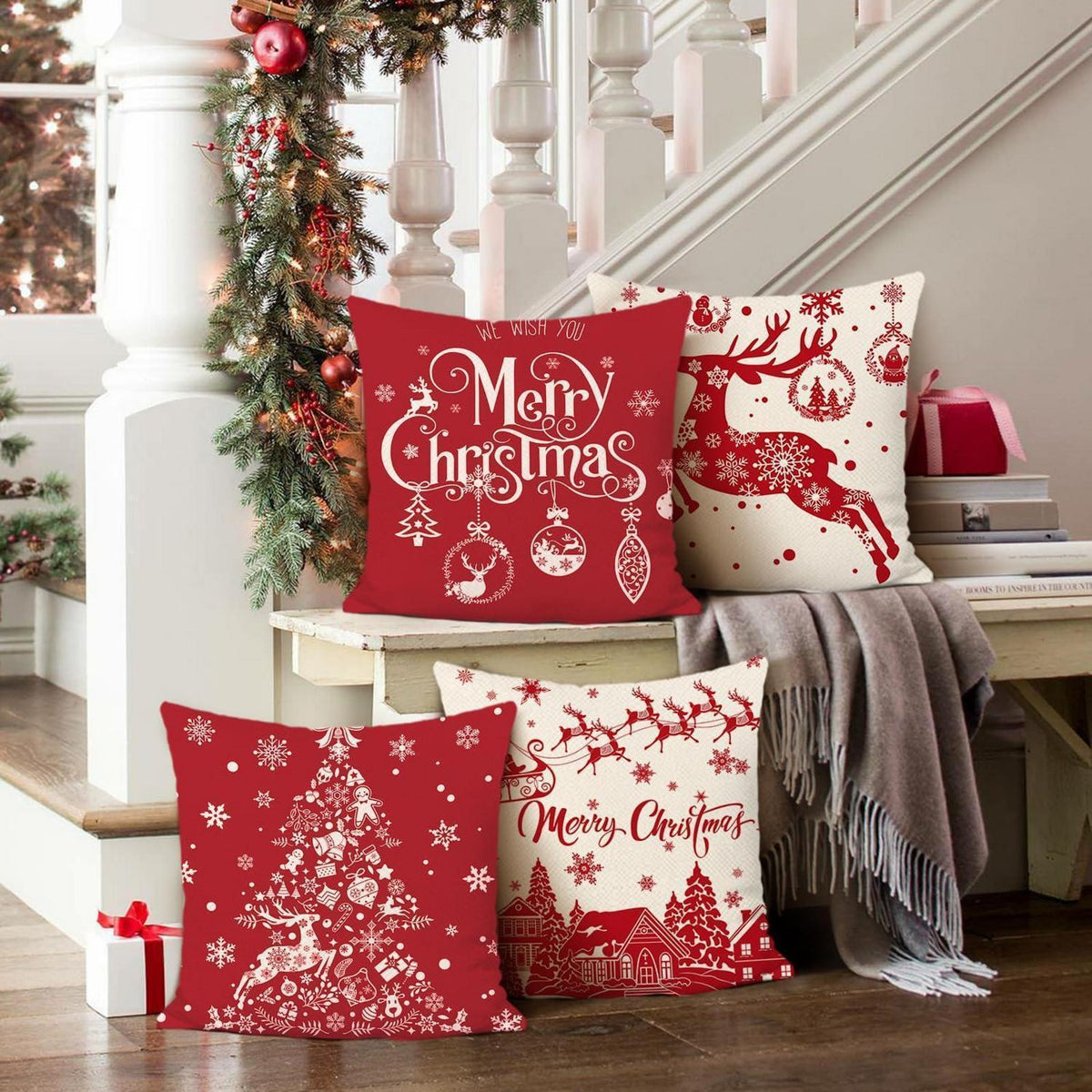 Weihnachtskissenbezüge 45x45 cm, 4er-Set Rentier Rot