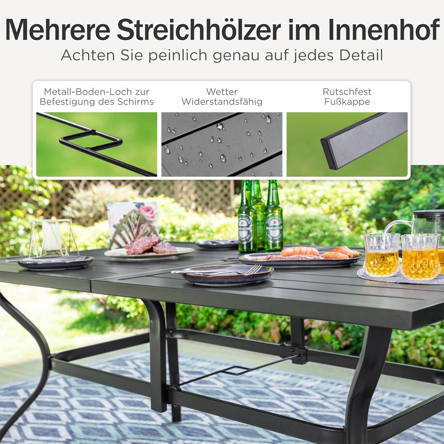PHIVILLA Gartentisch für 6 Personen Stahl 152x95cm mit Schirmloch Schwarz