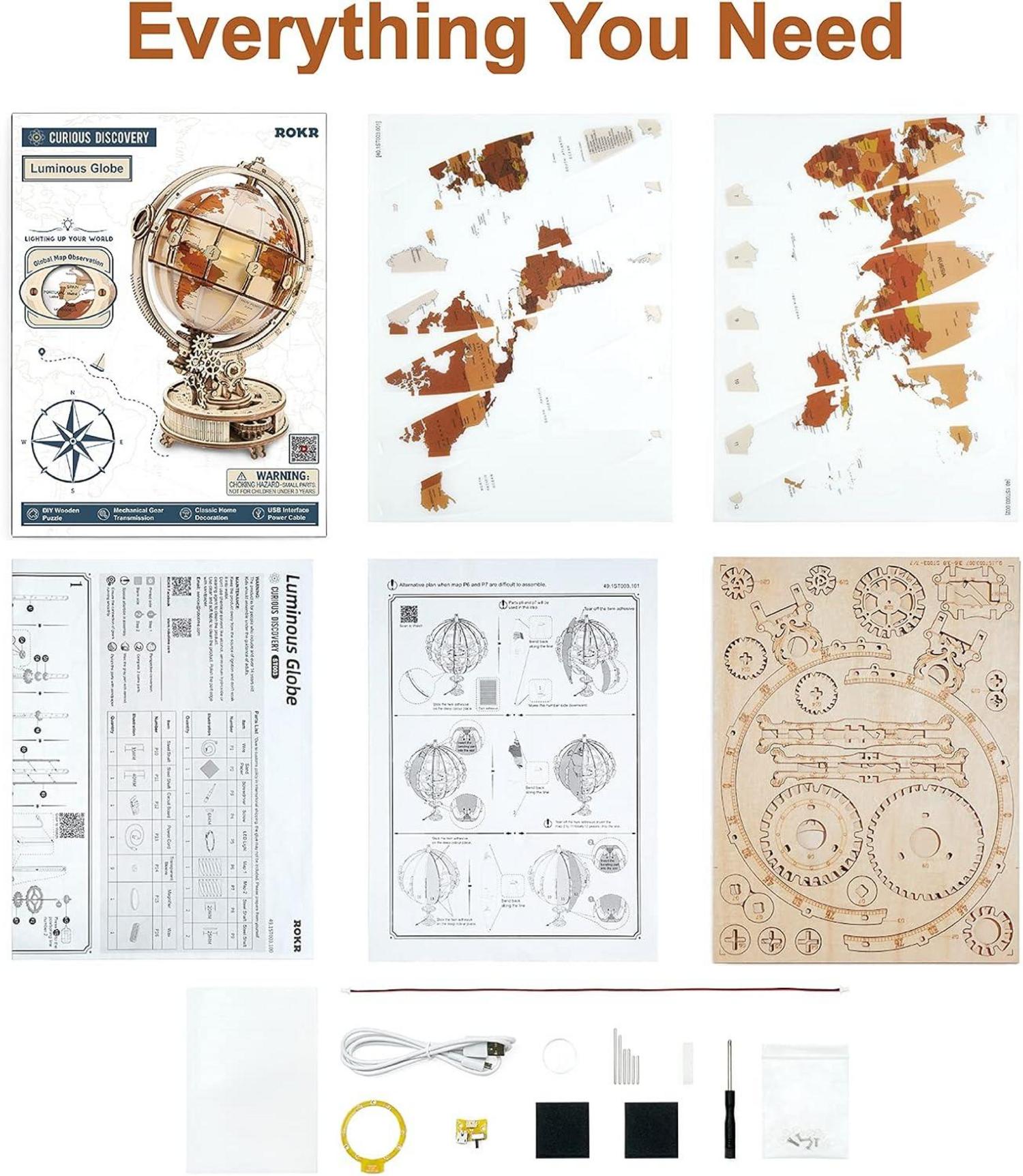 ROKR 3D Holzpuzzle Modell Globus Modellbau 180 Teile mit Beleuchtung