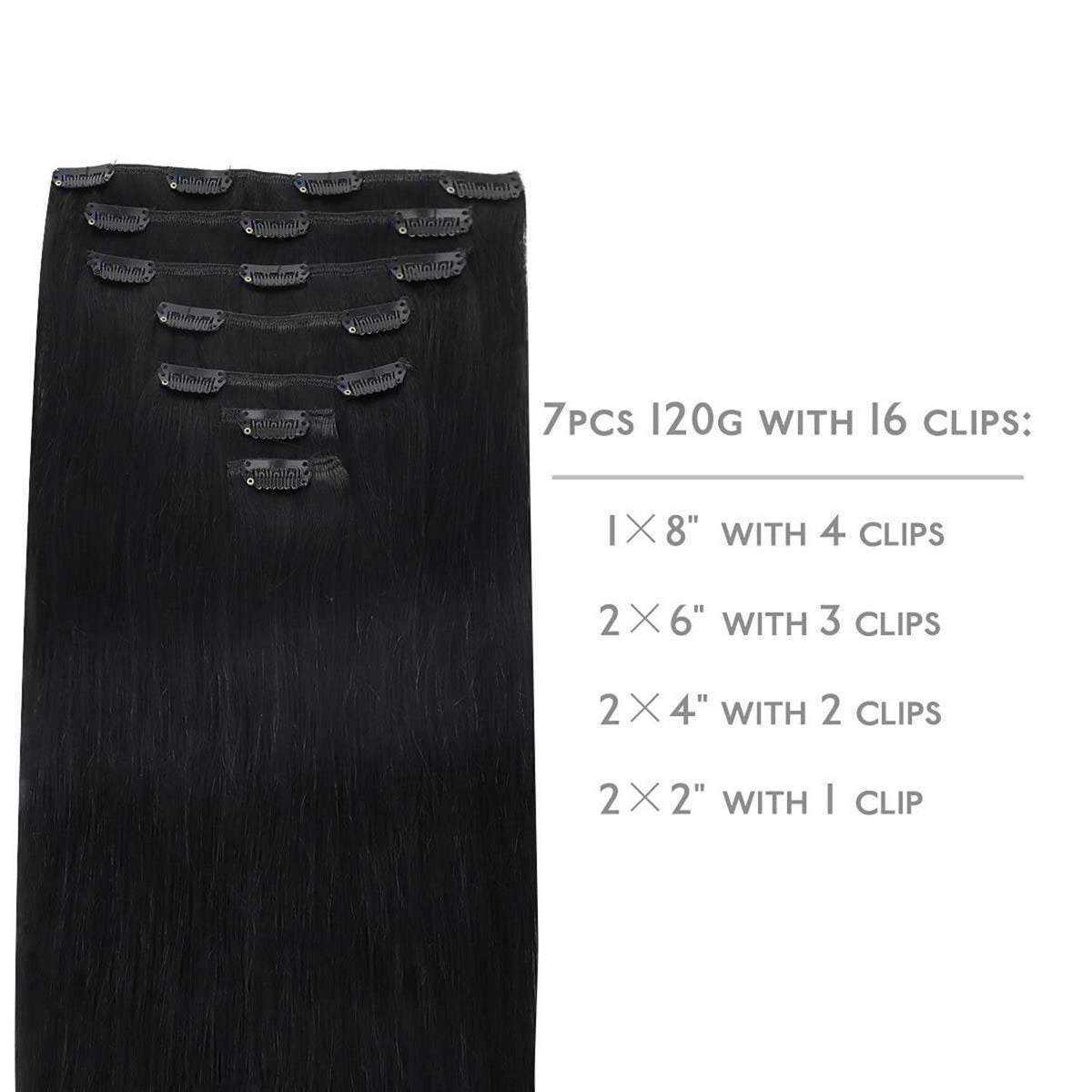 Echthaar Clip-Ins – Tief Schwarz, 50cm, 120g