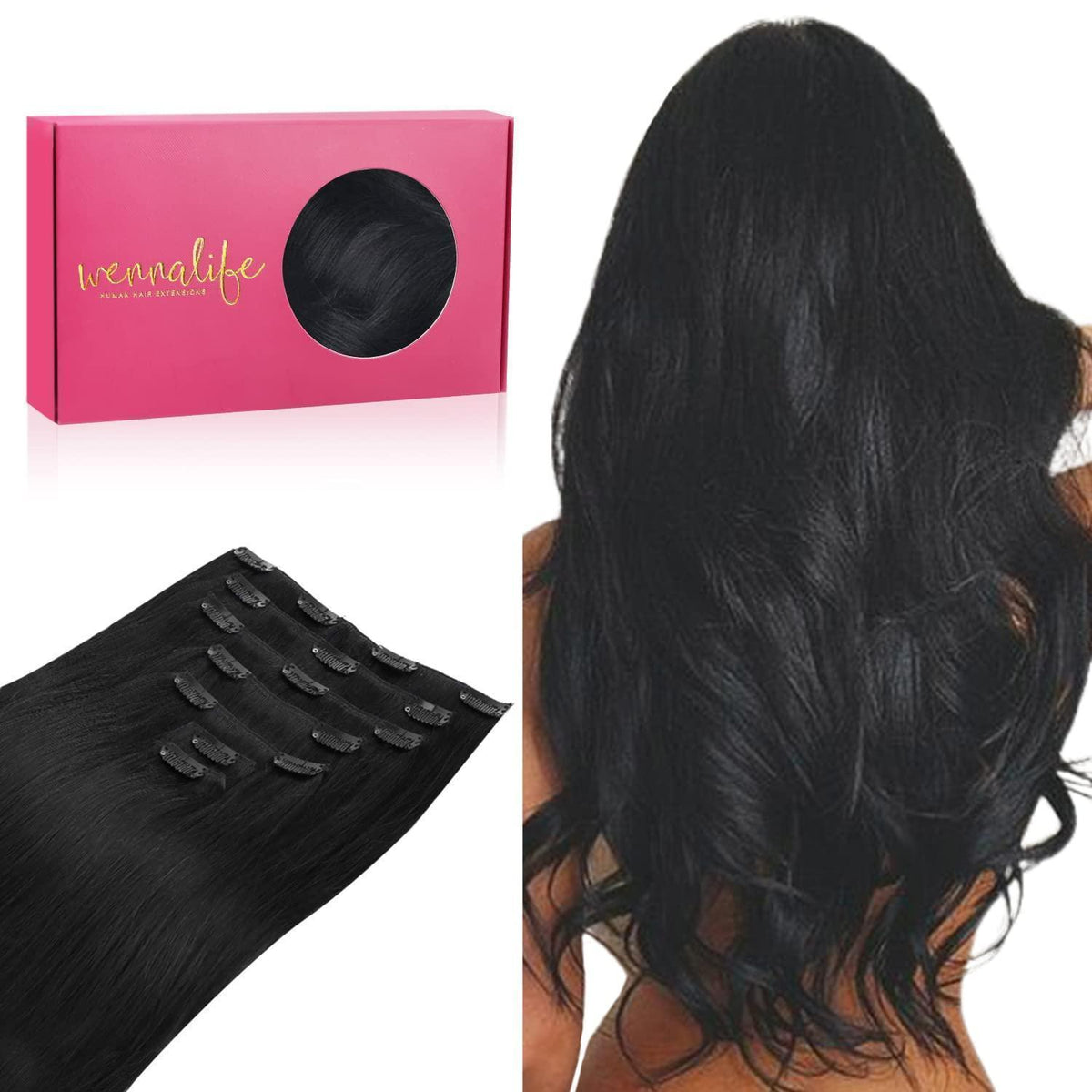 Clip in Echthaarverlängerung 40cm Tief Schwarz 120g