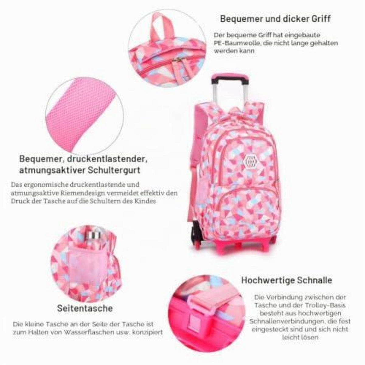 Rucksack mit Rollen für Kinder – Schultrolley Rosa, Klasse 3-12
