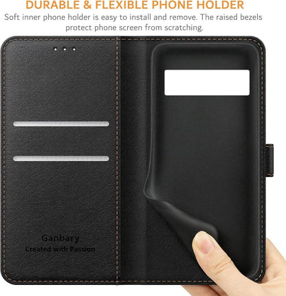 Handyhülle für Google Pixel 6 Pro - Leder Flipcase Schwarz mit Kartenschlitzen