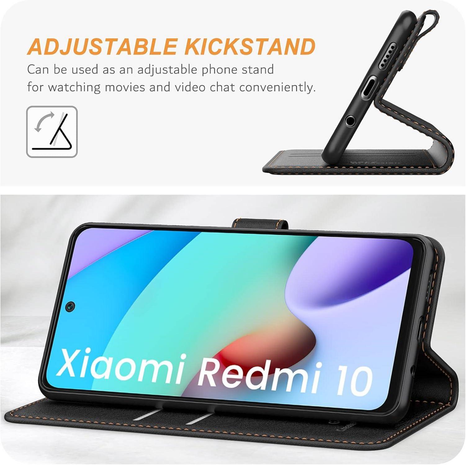Premium Leder Handyhülle Xiaomi Redmi 10 - Schwarz Flipcase mit Kartenschlitzen