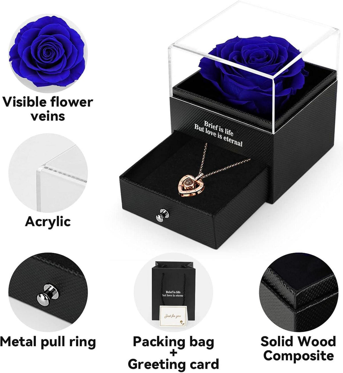 ADAZ Ewige echte Rose mit I Love You Halskette Blau - Geschenkbox für sie - Valentinstag Muttertag Hochzeit Jahrestag