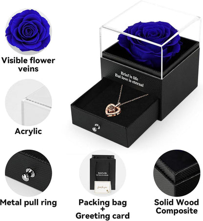 ADAZ Ewige echte Rose mit I Love You Halskette Blau - Geschenkbox für sie - Valentinstag Muttertag Hochzeit Jahrestag