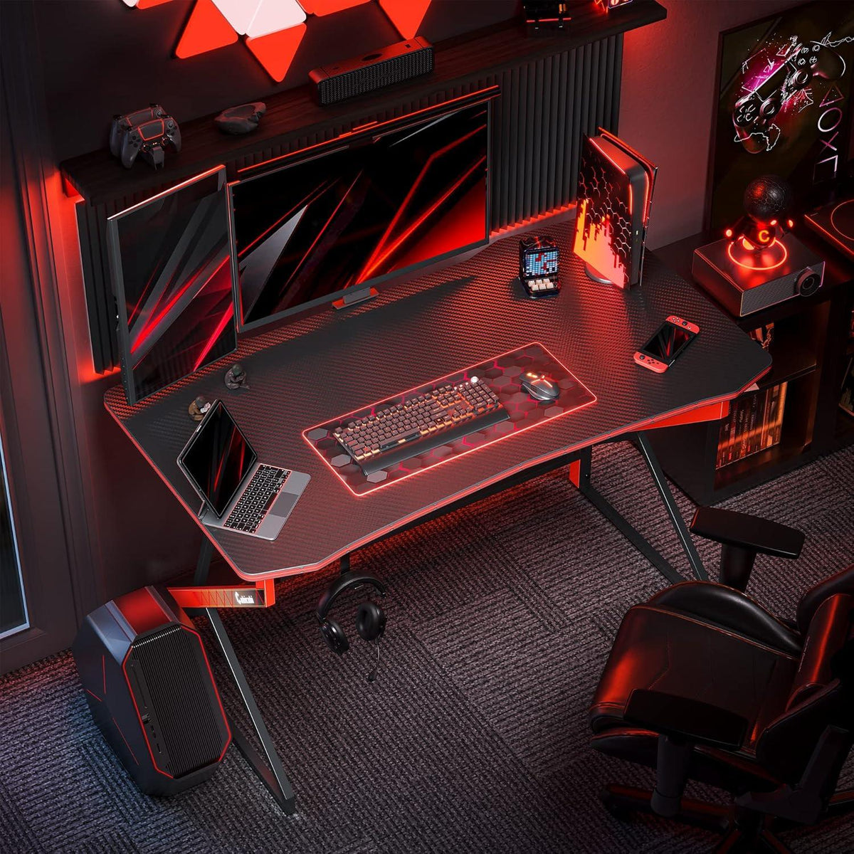 Gaming Schreibtisch Kohlefaser Schwarz 100x60cm PC Tisch Kopfhörerhaken